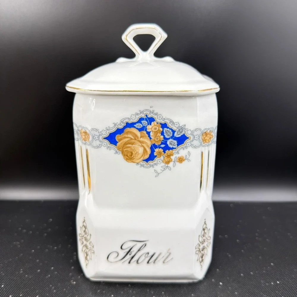 Victoria China Czechoslovakia Flour Canister Vintage Porcelain Blue Gold Rose